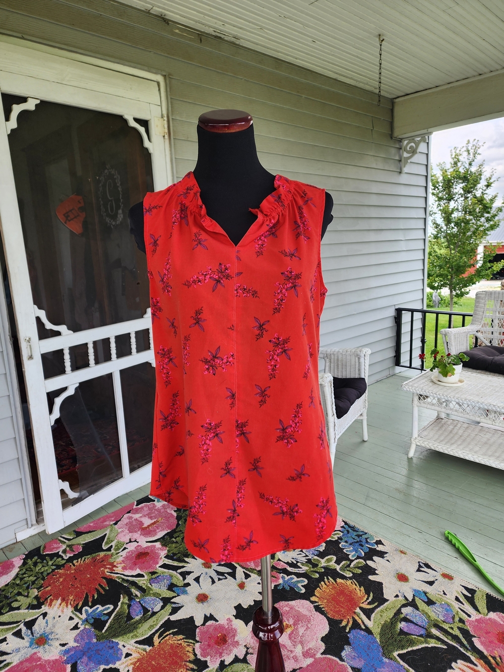 CAbi Red Floral Ruffle-Trim Sleeveless Camisole Top